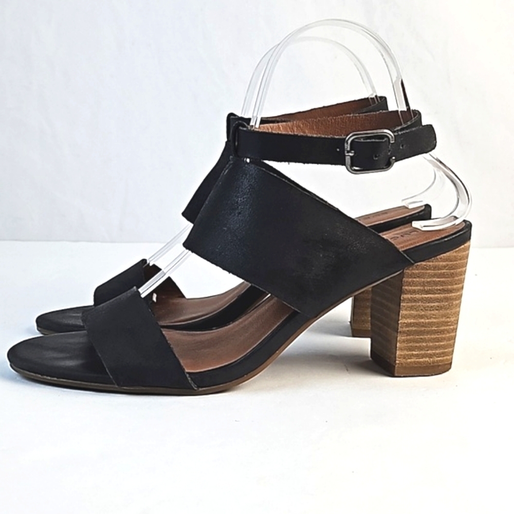 Lucky Brand Jodalee Black Leather Ankle Strap Wooden Stacked Block Heel Sandal - Picture 3 of 16